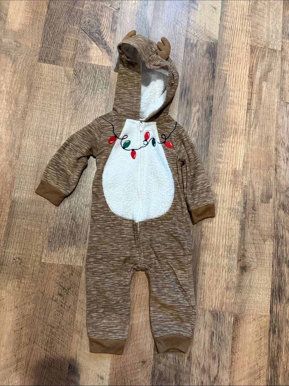 Kids Cozy Brown Reindeer One-Piece with Hood - Size 12 Months